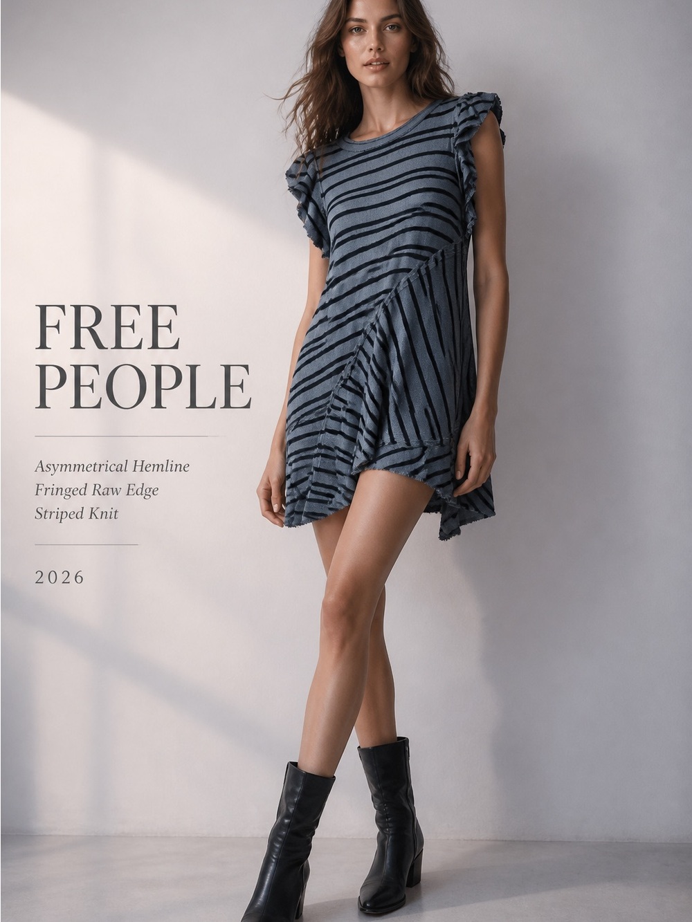 NWT Free People Medium Blue Contrast Striped Knit Raw Edge Sleeveless Dress